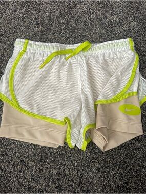 Nike Women's White Mesh Shorts with Beige Liner and Neon Lime Trim